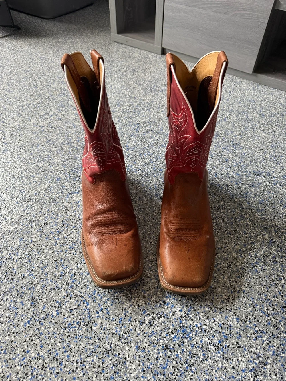 Men's Two-Tone Brown Leather Pull-On Boots with Red Suede Shaft